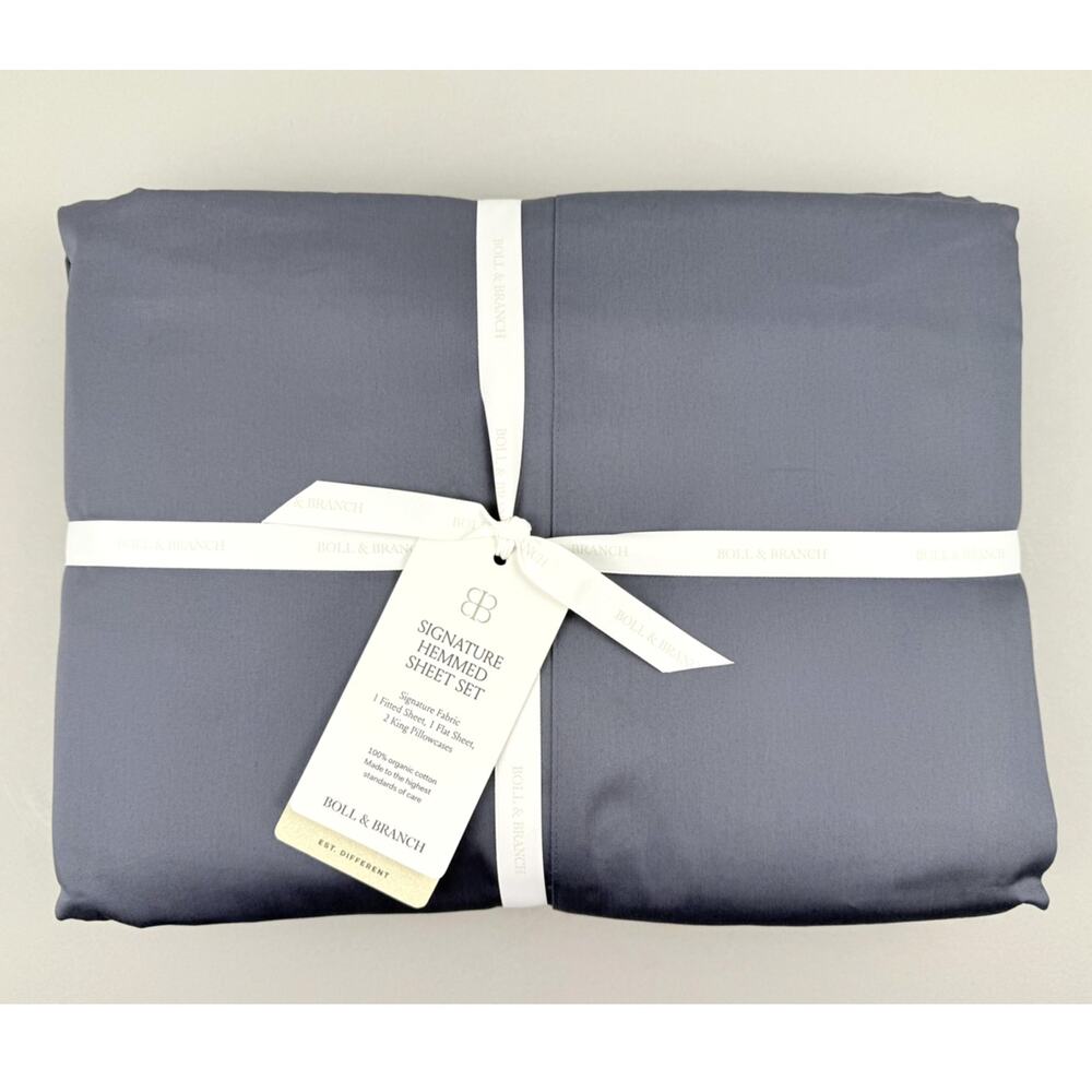 Boll & Branch Signature Hemmed Sheet Set KING Mineral Blue 100% Organic Cotton